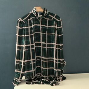 CAbi Dark Green and White Windowpane Button-Down Blouse